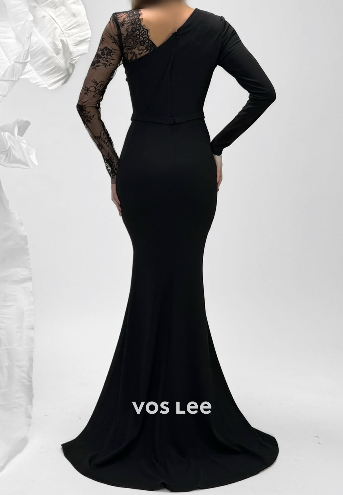 Black Satin Lace Long Sleeves Mermaid Long Evening Dress