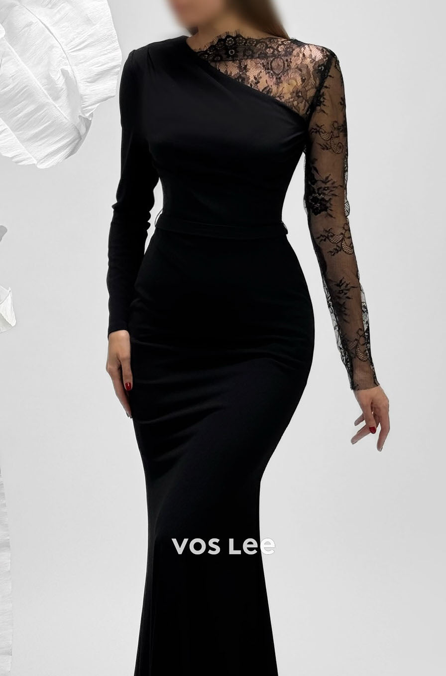Black Satin Lace Long Sleeves Mermaid Long Evening Dress