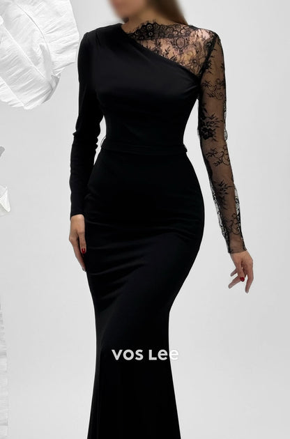 Black Satin Lace Long Sleeves Mermaid Long Evening Dress