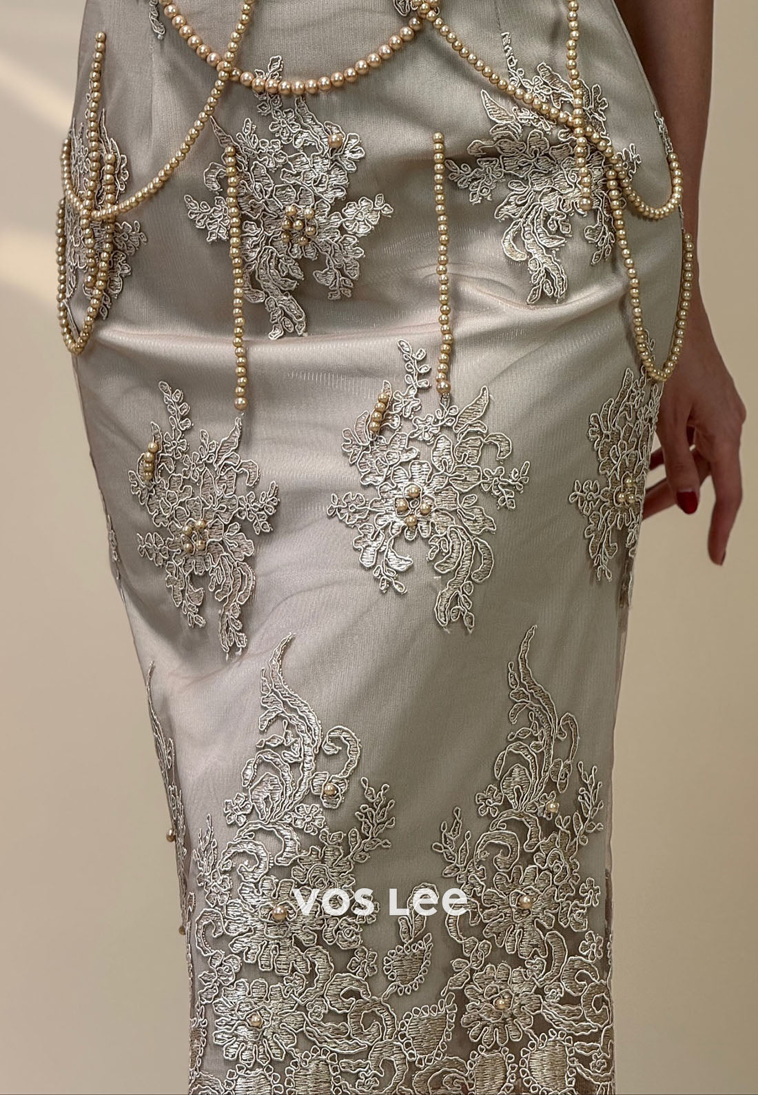 High Neck Strapless Lace Prom Dress Beading Pearls Tassel Evening Dress