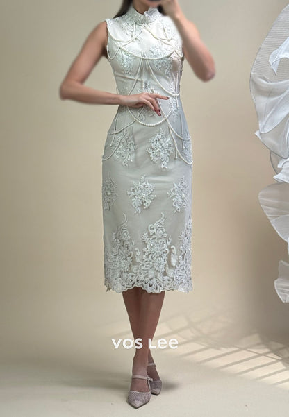 High Neck Strapless Lace Prom Dress Beading Pearls Tassel Evening Dress