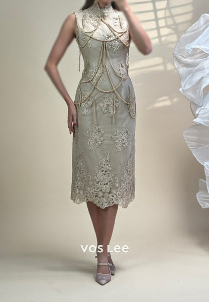 High Neck Strapless Lace Prom Dress Beading Pearls Tassel Evening Dress