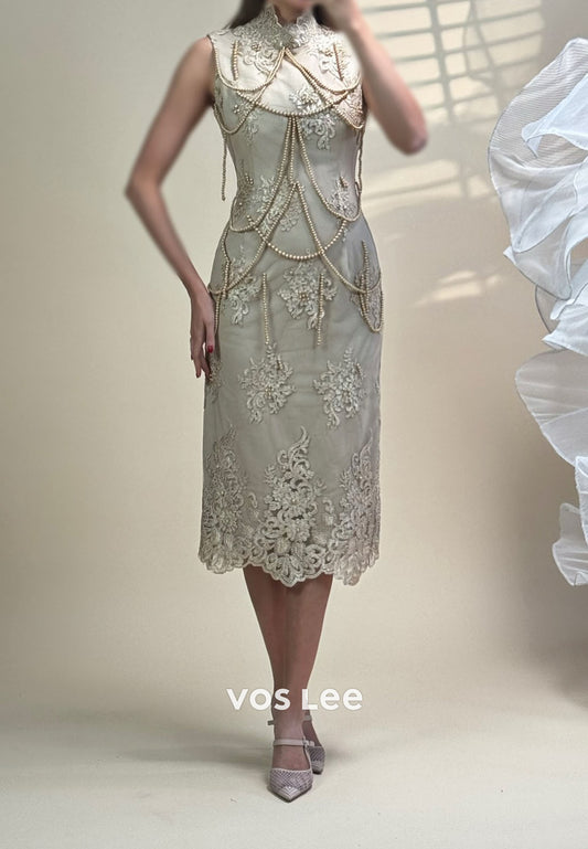 High Neck Strapless Lace Prom Dress Beading Pearls Tassel Evening Dress