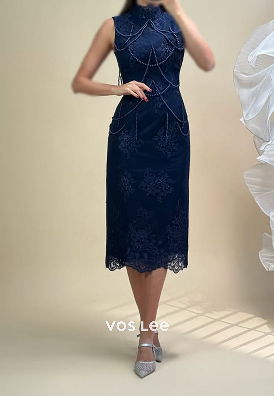 High Neck Strapless Lace Prom Dress Beading Pearls Tassel Evening Dress