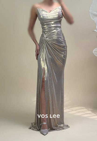 Stunning Sweetheart  Leather Pleat Floor-Length Evening Dresses Split Dress Prom Dress