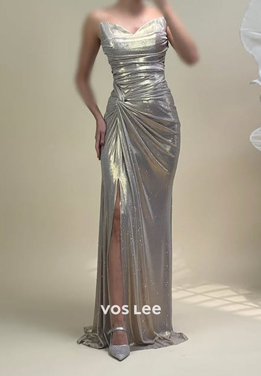 Stunning Sweetheart  Leather Pleat Floor-Length Evening Dresses Split Dress Prom Dress