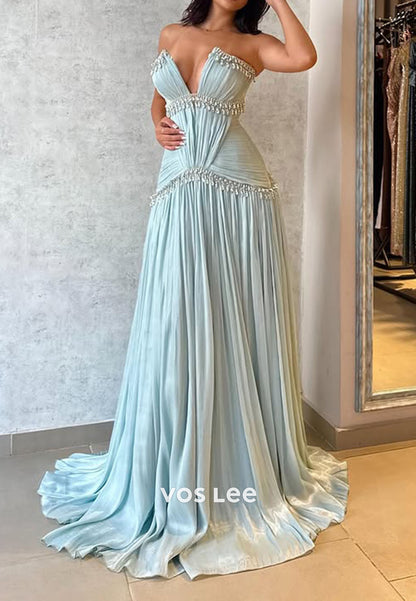 Charming Prom Dress Pleat Rhinestone A-line Long Dresses Party Gown