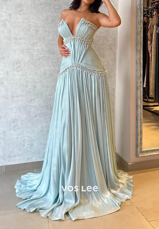 Charming Prom Dress Pleat Rhinestone A-line Long Dresses Party Gown