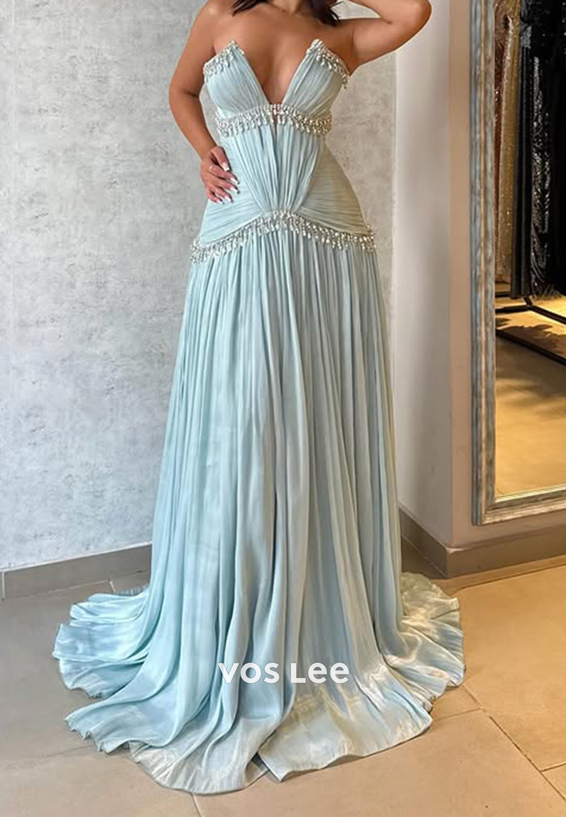 Charming Prom Dress Pleat Rhinestone A-line Long Dresses Party Gown