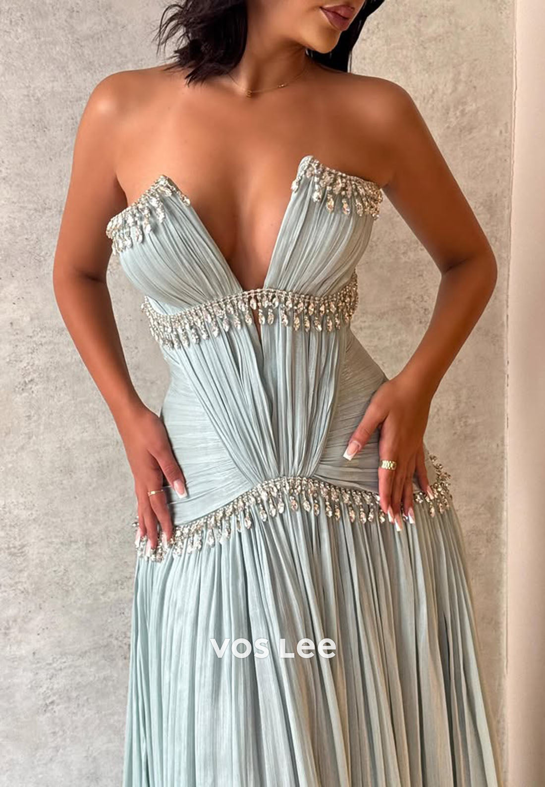 Charming Prom Dress Pleat Rhinestone A-line Long Dresses Party Gown