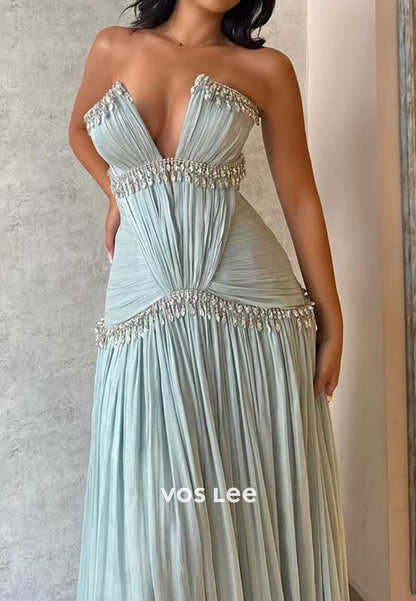 Charming Prom Dress Pleat Rhinestone A-line Long Dresses Party Gown