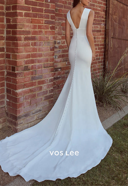 Sexy and Sleek V Neck Beach Mermaid Wedding Dresses with Sweep Train