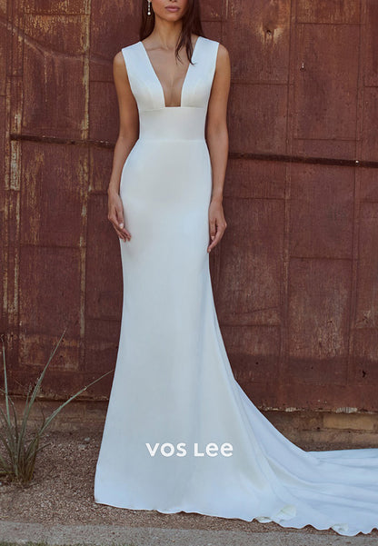 Sexy and Sleek V Neck Beach Mermaid Wedding Dresses with Sweep Train