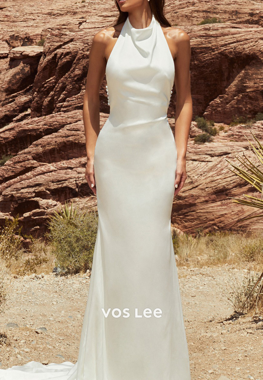 Gorgeous & Charming Halter Beach Sheath Pleated Wedding Dresses with Sweep Train