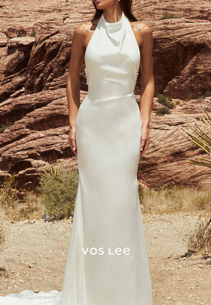 Gorgeous & Charming Halter Beach Sheath Pleated Wedding Dresses with Sweep Train