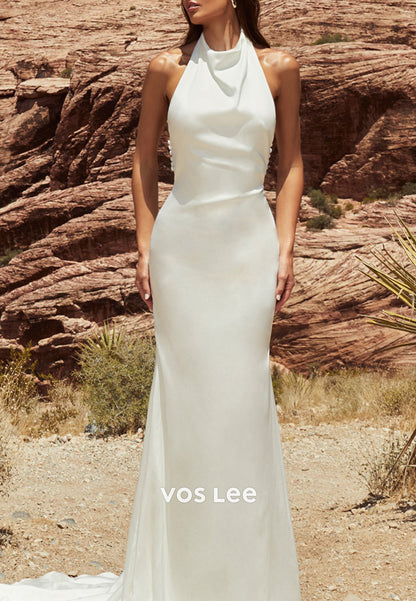 Gorgeous & Charming Halter Beach Sheath Pleated Wedding Dresses with Sweep Train