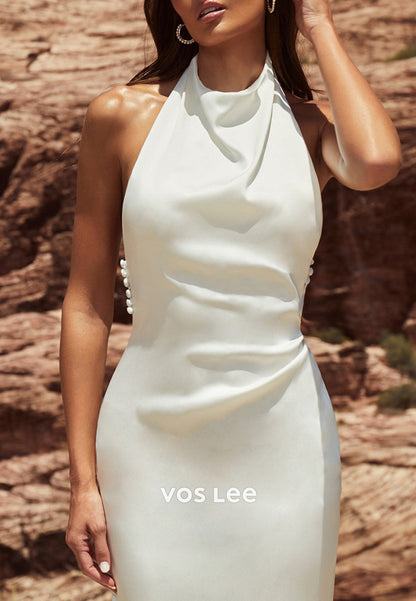 Gorgeous & Charming Halter Beach Sheath Pleated Wedding Dresses with Sweep Train