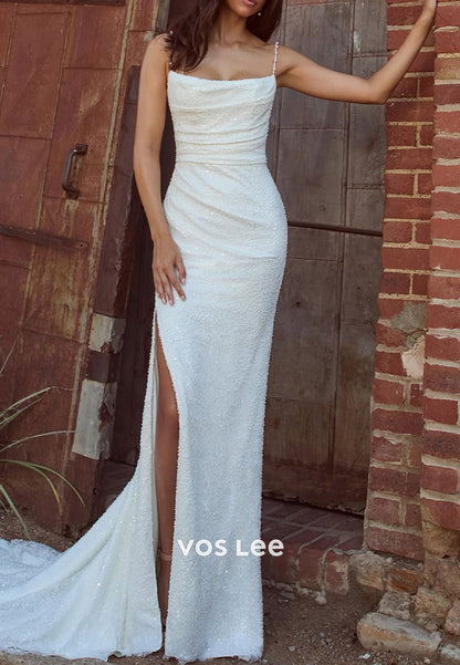 Spaghetti Straps Square Fully Sequined  Mermaid Wedding Dresses with High Split