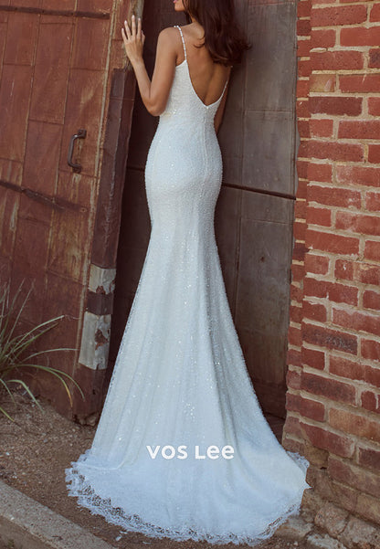 Spaghetti Straps Square Fully Sequined  Mermaid Wedding Dresses with High Split