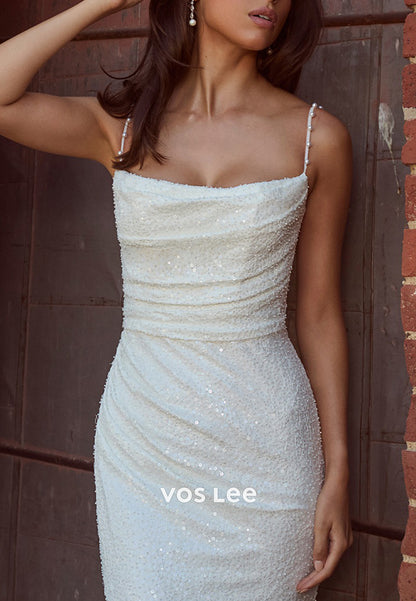 Spaghetti Straps Square Fully Sequined  Mermaid Wedding Dresses with High Split