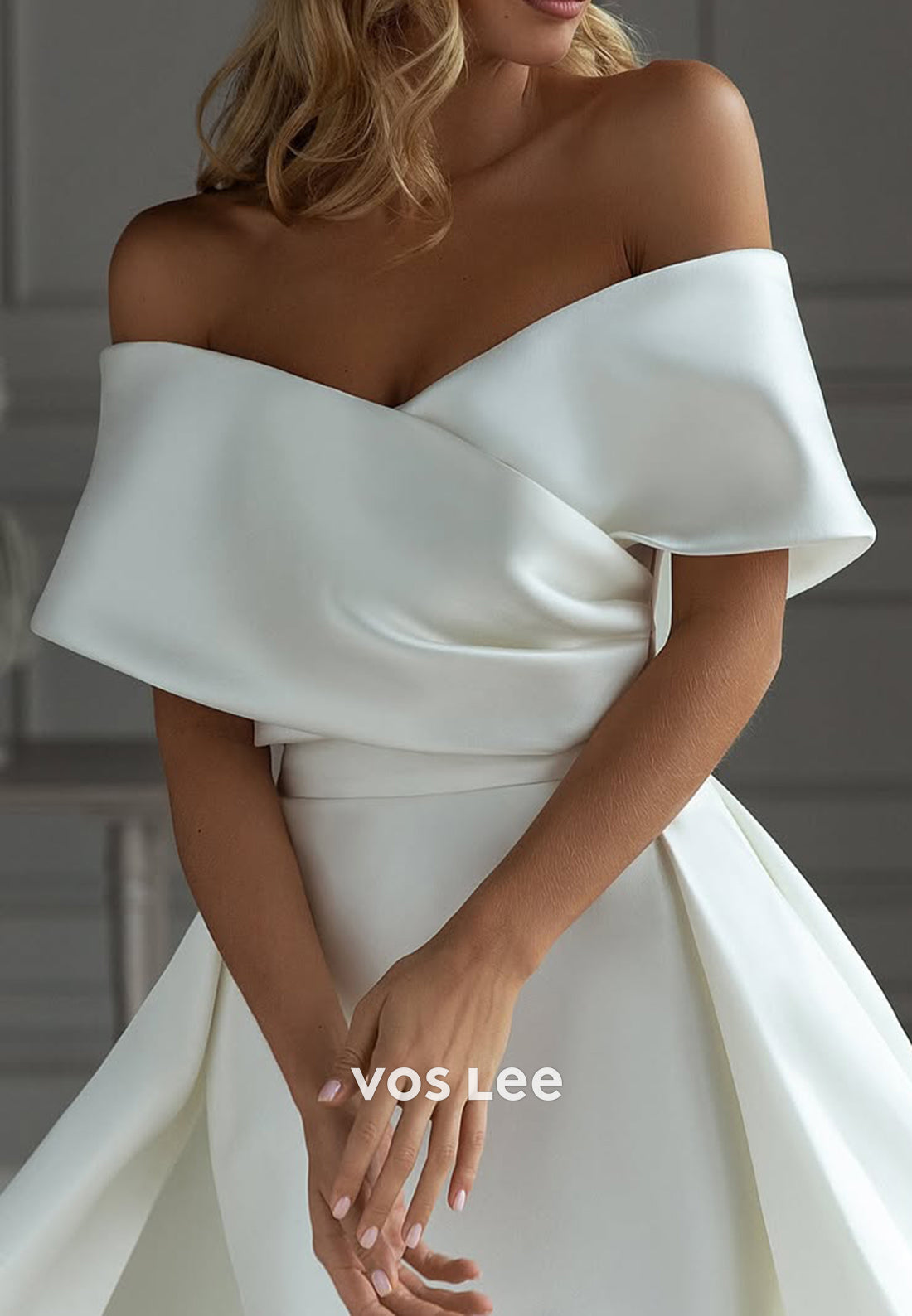 Off the Shoulder Pleated Mermaid Wedding Dresses with Detachable Court Train