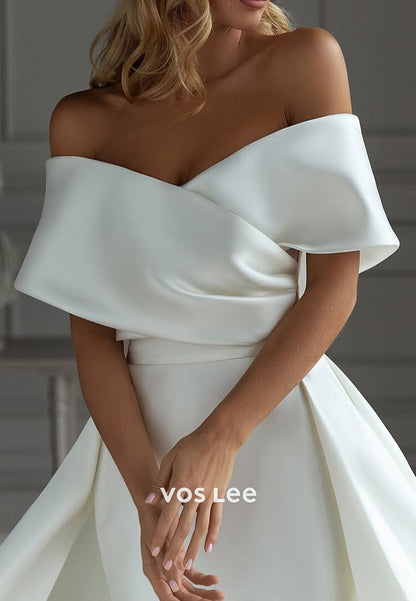 Off the Shoulder Pleated Mermaid Wedding Dresses with Detachable Court Train
