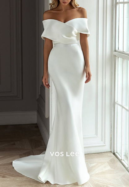 Off the Shoulder Pleated Mermaid Wedding Dresses with Detachable Court Train