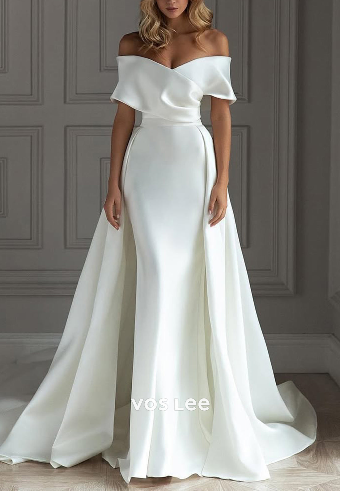 Off the Shoulder Pleated Mermaid Wedding Dresses with Detachable Court Train