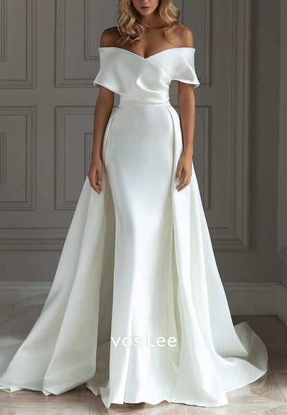 Off the Shoulder Pleated Mermaid Wedding Dresses with Detachable Court Train
