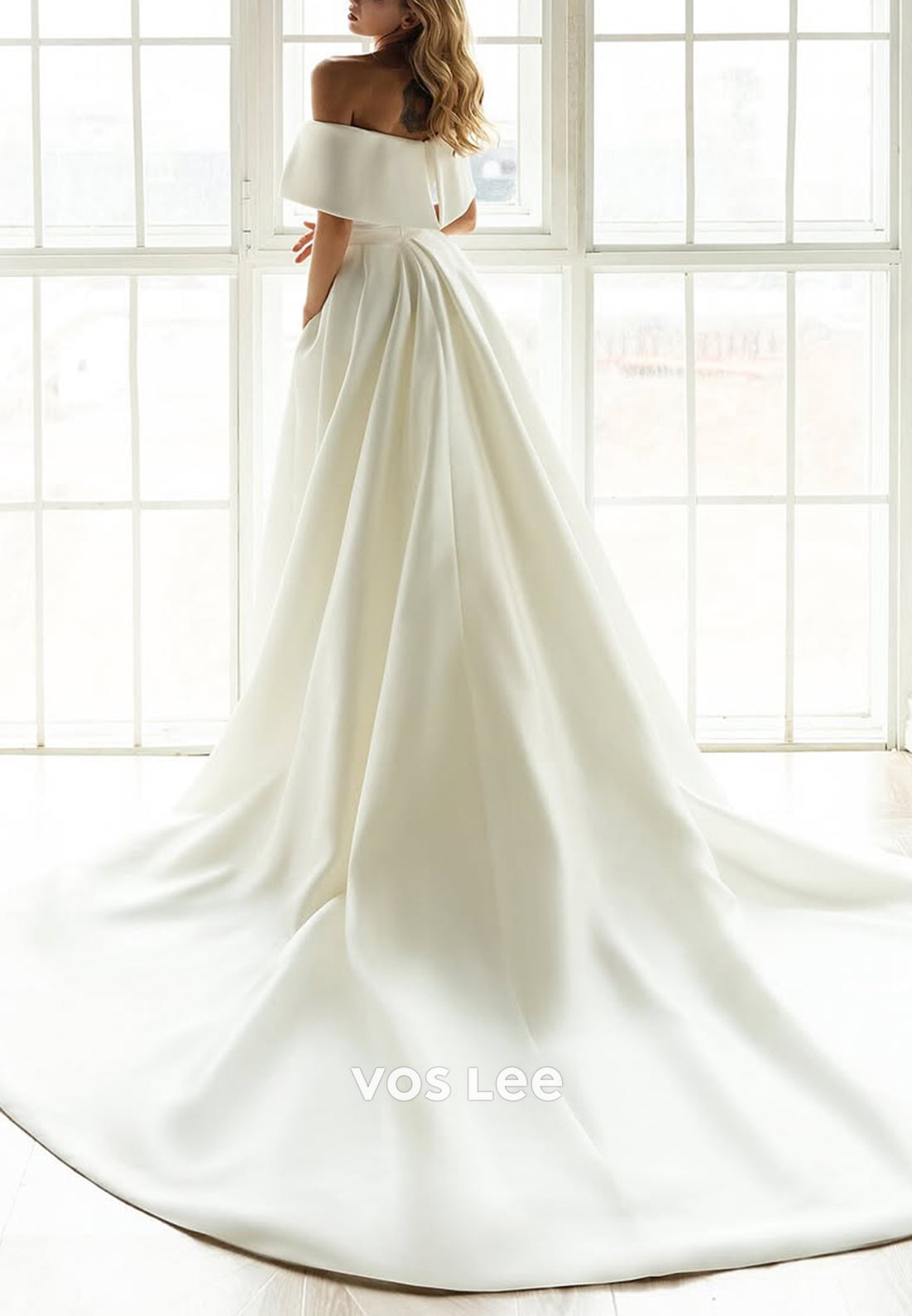 Off the Shoulder Pleated Mermaid Wedding Dresses with Detachable Court Train