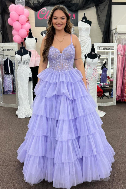 Straps Blue Appliques Tiered Ruffle Long Formal Dress