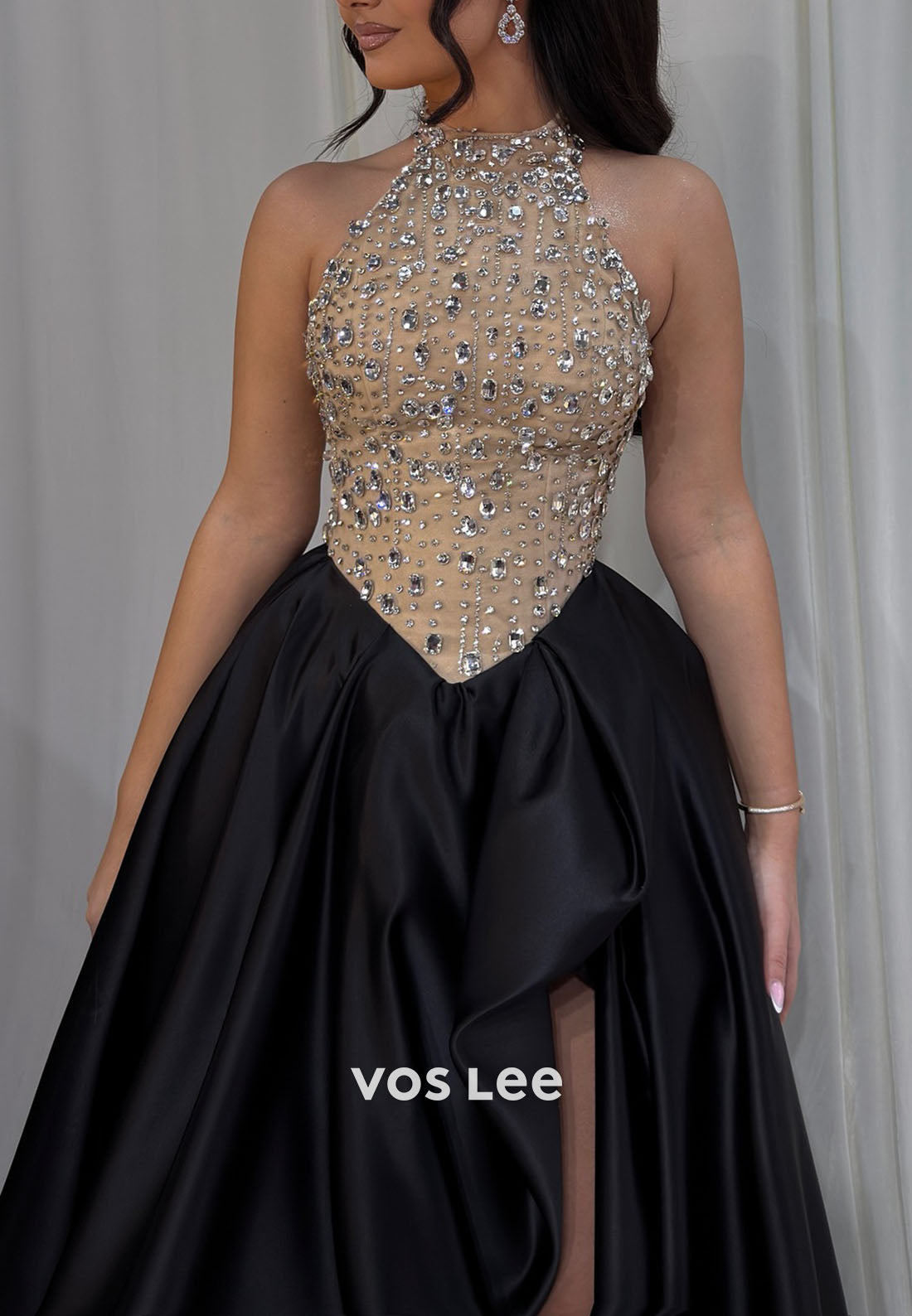 Black Satin Halter Neck Prom Dress, Beaded Rhinestone Formal Evening Gown for Women