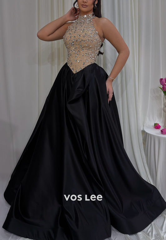 Black Satin Halter Neck Prom Dress, Beaded Rhinestone Formal Evening Gown for Women