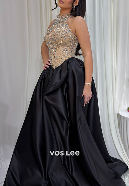 Black Satin Halter Neck Prom Dress, Beaded Rhinestone Formal Evening Gown for Women