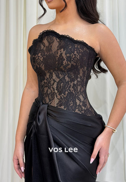 Black Lace Strapless Satin Prom Dress, Elegant High Slit Formal Evening Gown for Women