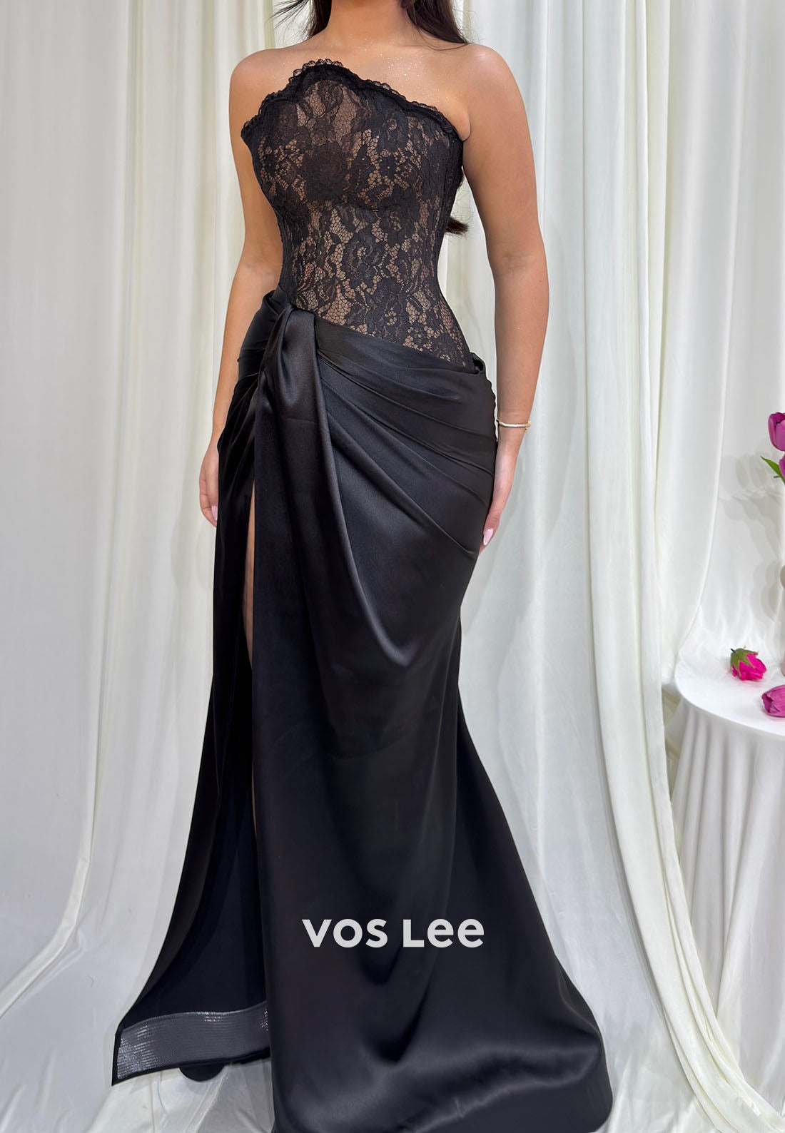 Black Lace Strapless Satin Prom Dress, Elegant High Slit Formal Evening Gown for Women