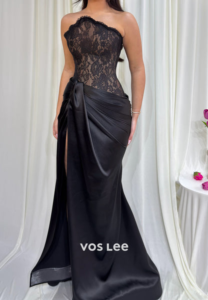 Black Lace Strapless Satin Prom Dress, Elegant High Slit Formal Evening Gown for Women