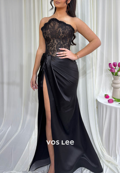 Black Lace Strapless Satin Prom Dress, Elegant High Slit Formal Evening Gown for Women