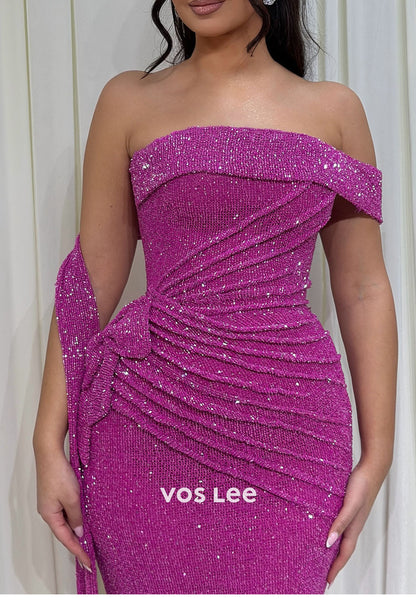 Fuchsia Strapless Ruched Glitter Mermaid Prom Dress, Formal Evening Gown