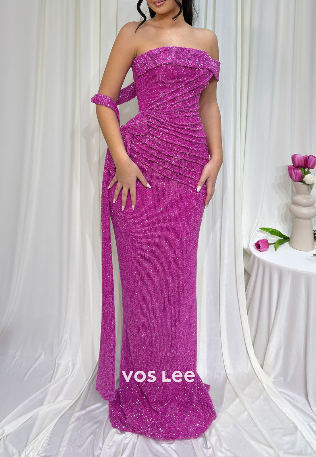Fuchsia Strapless Ruched Glitter Mermaid Prom Dress, Formal Evening Gown