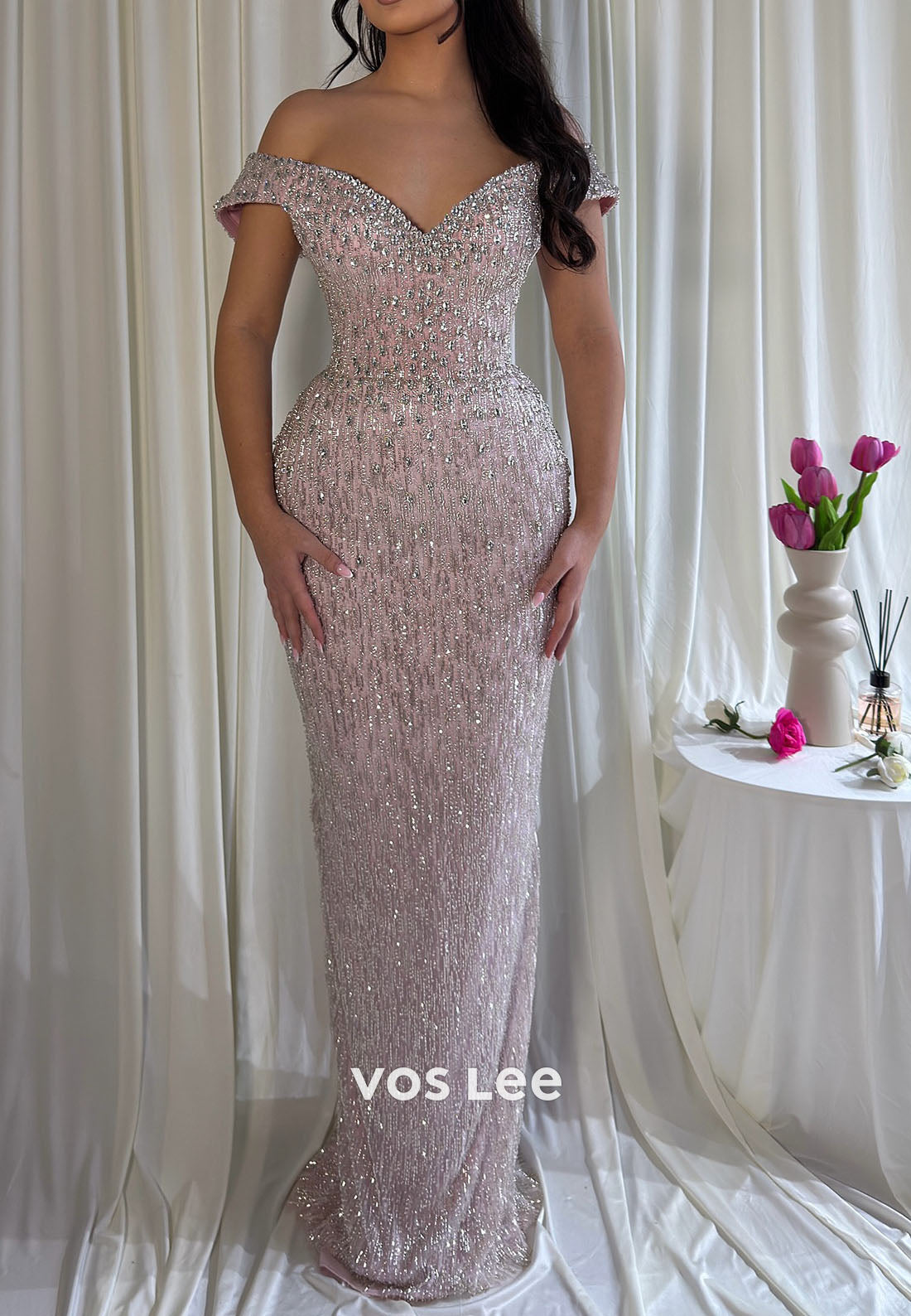 Pink Sequin Off-Shoulder Evening Gown | Formal Beaded Maxi Dress