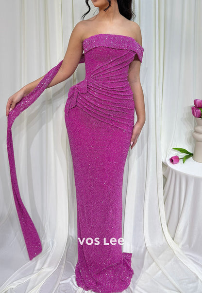Fuchsia Strapless Ruched Glitter Mermaid Prom Dress, Formal Evening Gown