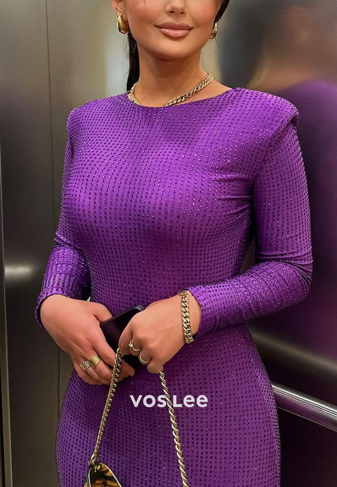Purple O-Neck Long Sleeves Mermaid Evening Gowns Fully Crystals