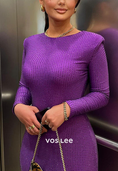 Purple O-Neck Long Sleeves Mermaid Evening Gowns Fully Crystals
