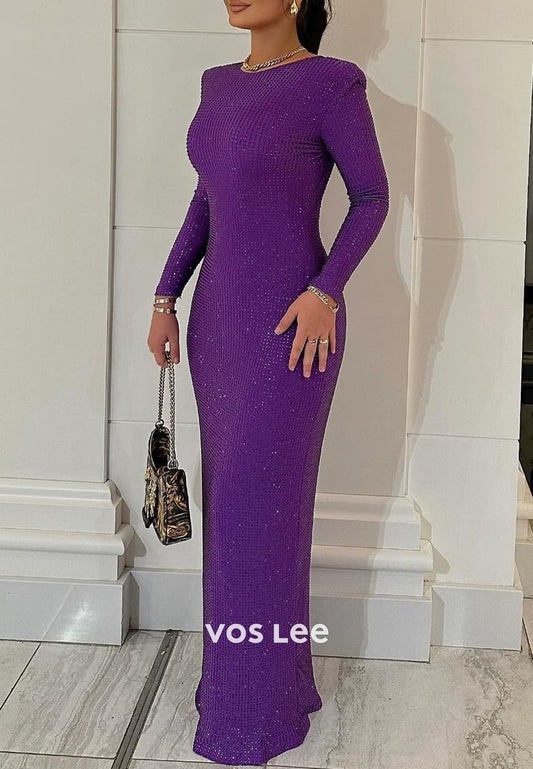 Purple O-Neck Long Sleeves Mermaid Evening Gowns Fully Crystals