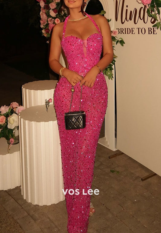 Fuchsia Sequins Halter Sleeveless Mermaid Evening Dress Long Prom Dress