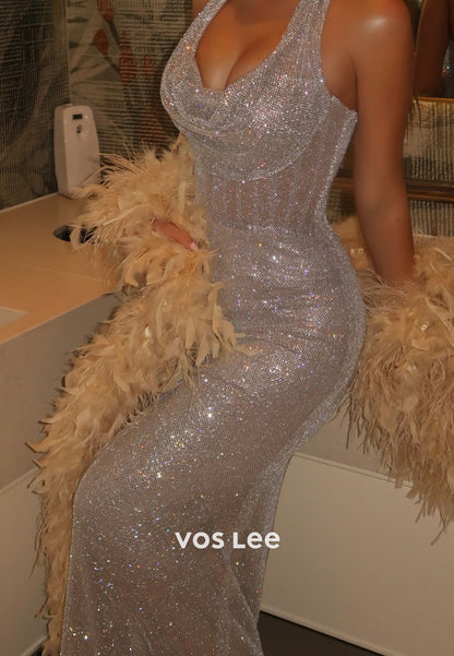 Gliiter Sweetheart Halter Mermaid Evening Dress With Beads Pleats