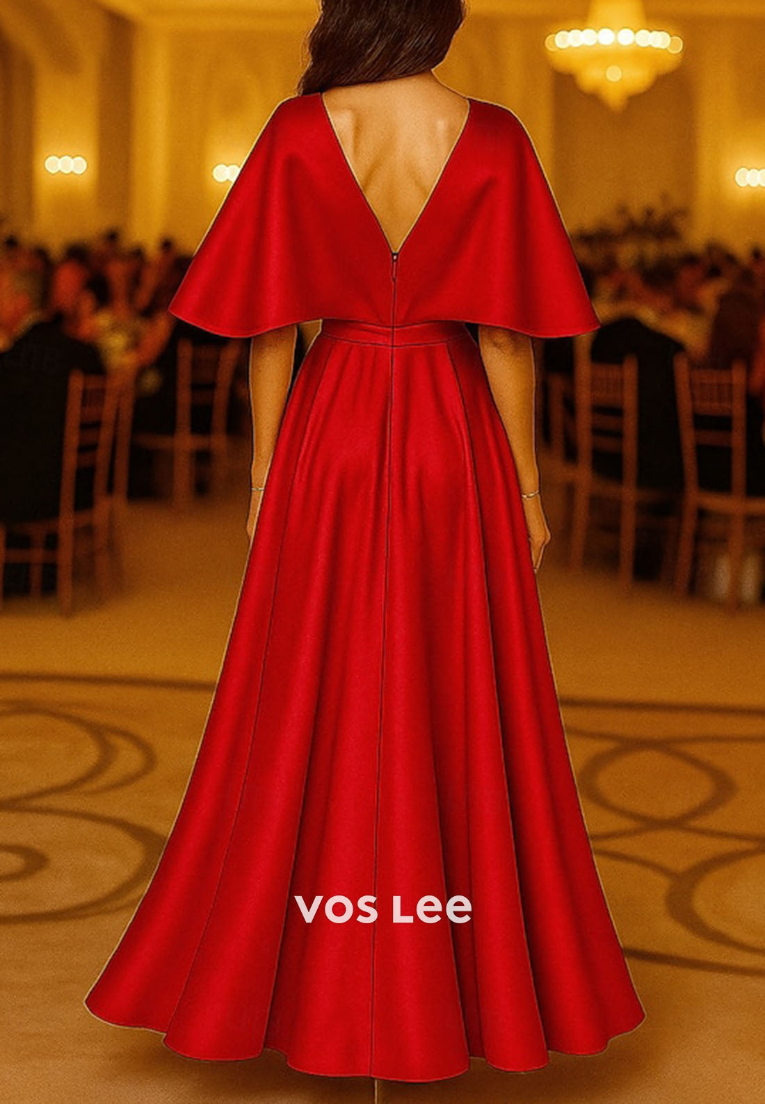 Elegant Pleat A-Line Cap Sleeve Satin Bead Crystals Evening Gown