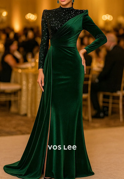 High-Neck Sequined Long-Sleeves Mermaid Velvet Evening Dress Formal Gowns