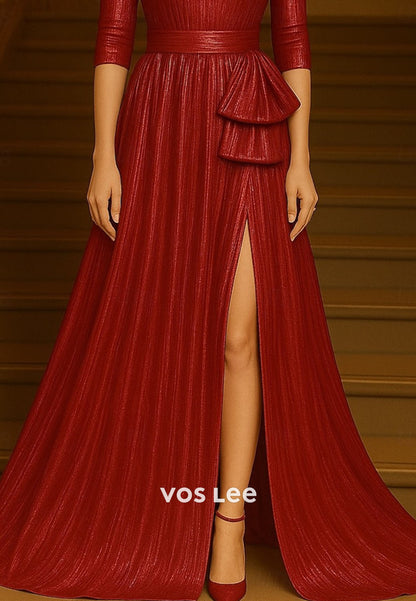 Elegant Gold O- Neck Split A-Line Long Evening Gowns